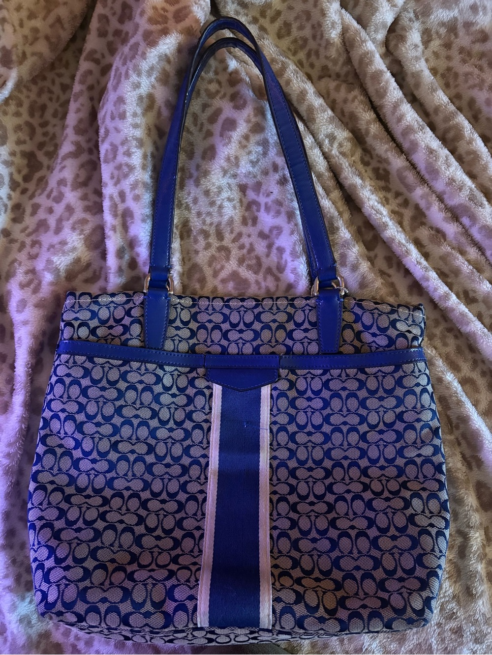 Coach Blue Signature Shoulder Tote with Center Stripe